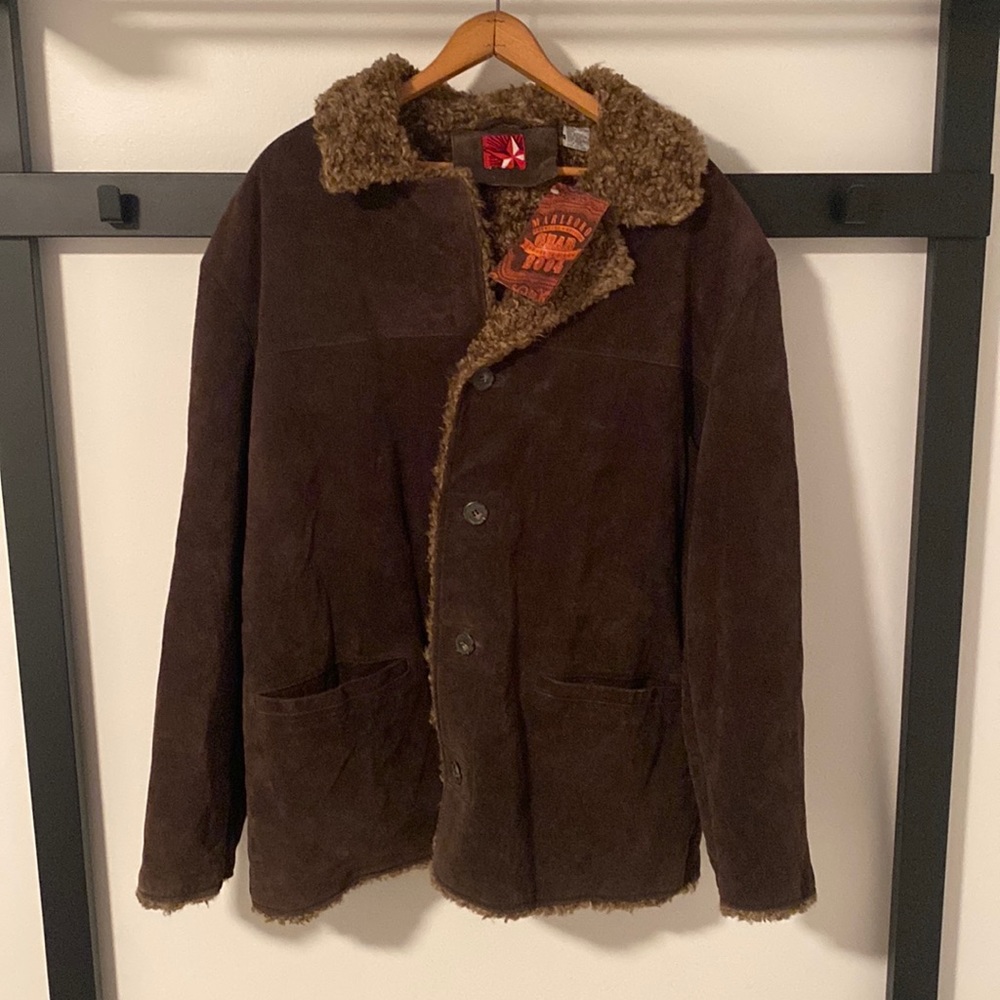 VINTAGE 2004 MARLBORO MEN'S Brown Suede Leather Sherpa Line Jacket NWT / Large